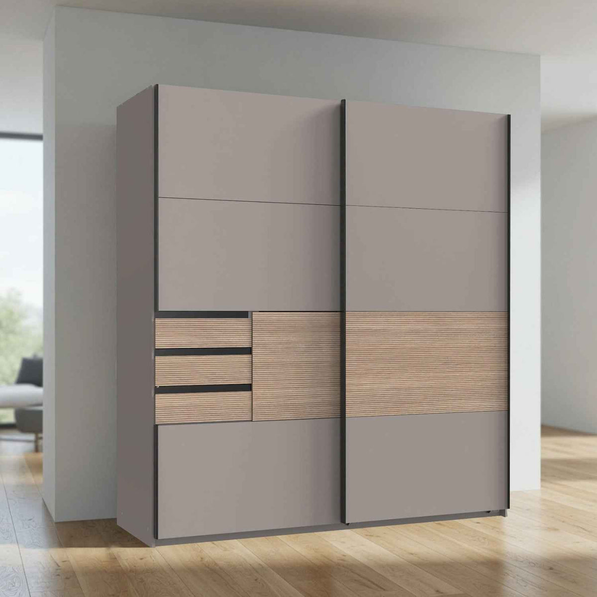 Brighton Sliding Door Wardrobe in Sahara Grey with Oak Slat Effect
