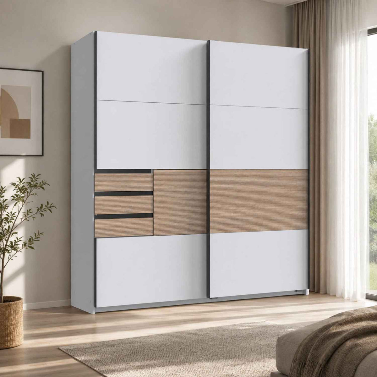 Brighton Sliding Door Wardrobe in White with Oak Slat Effect