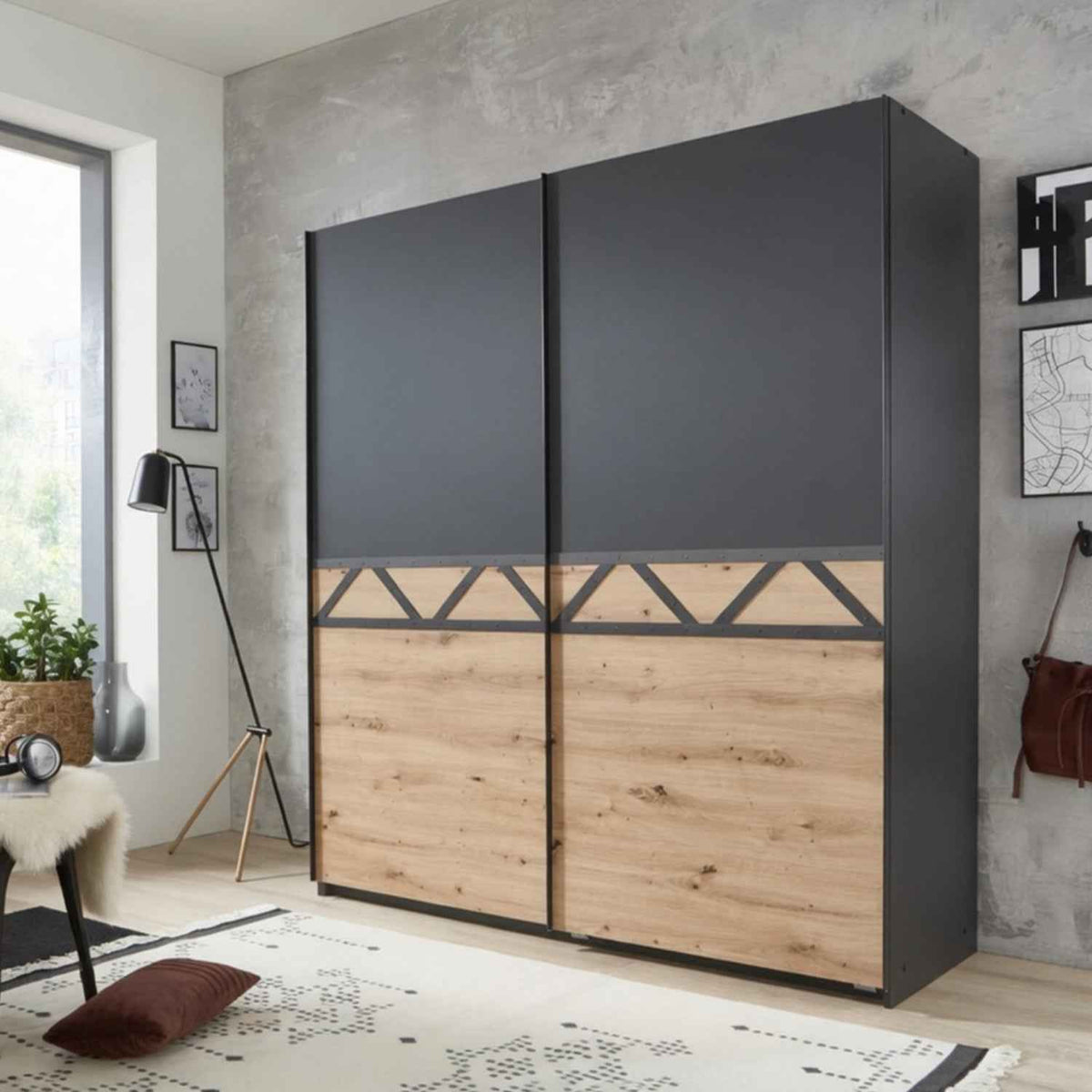 Alderley Graphite & Artisan Oak Sliding Wardrobe