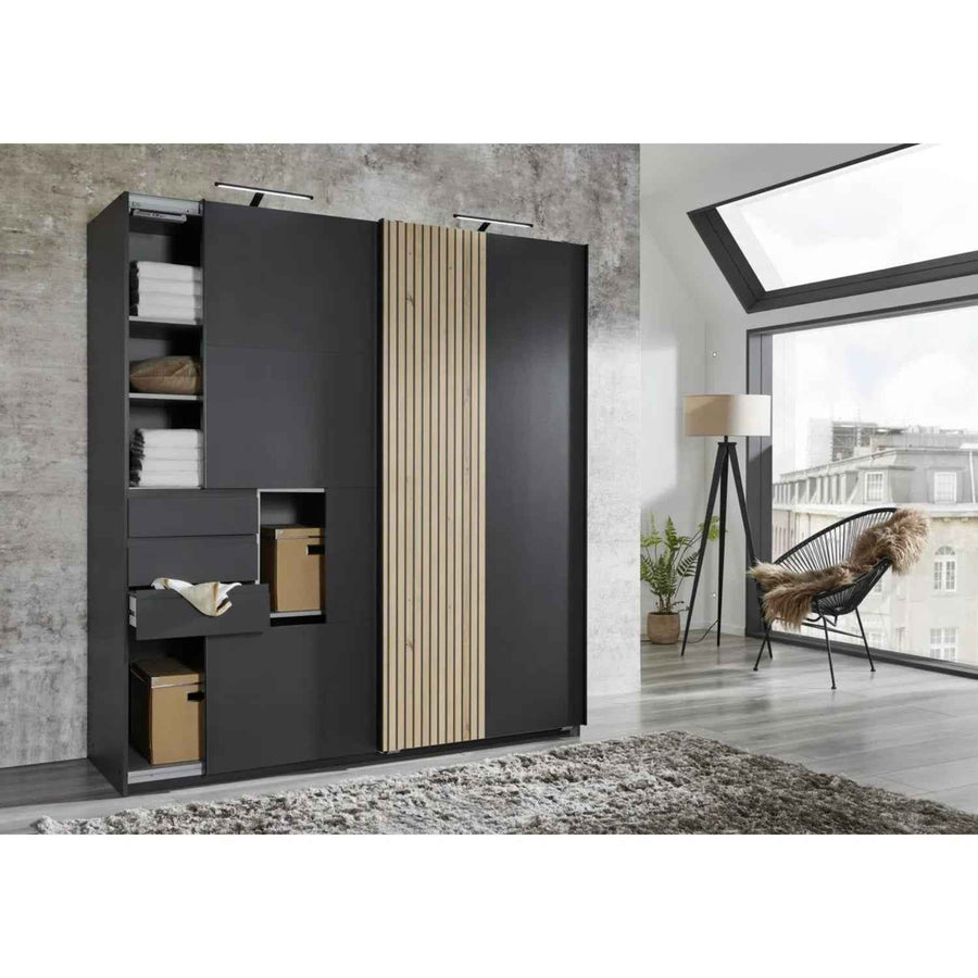 Nayland 2 Door 3 Drawer Wardrobe in White with Oak Effect