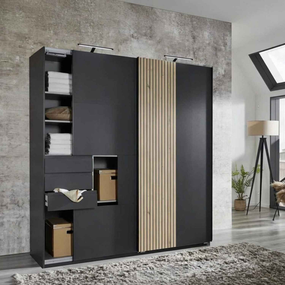 Nayland 2 Door 3 Drawer Wardrobe in White with Oak Effect