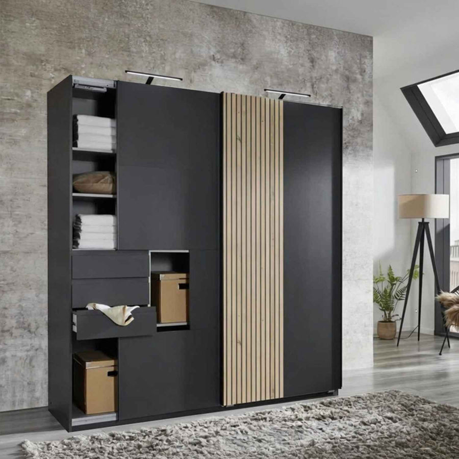 Nayland 2 Door 3 Drawer Wardrobe in White with Oak Effect