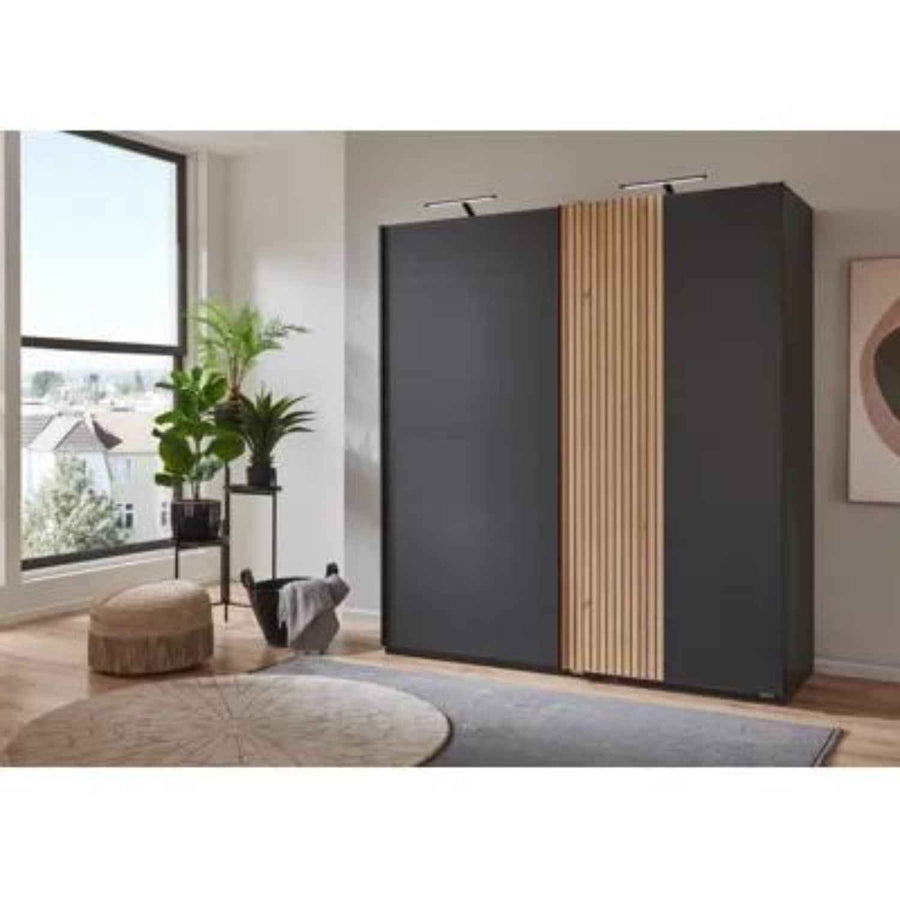 Lambourn Sliding Door Wardrobe in Graphite with Oak Slat Effect