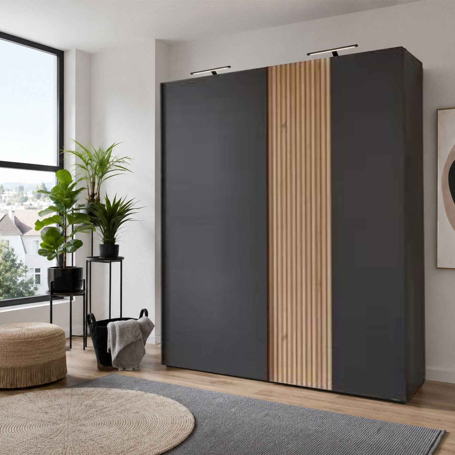 Lambourn Sliding Door Wardrobe in Graphite with Oak Slat Effect