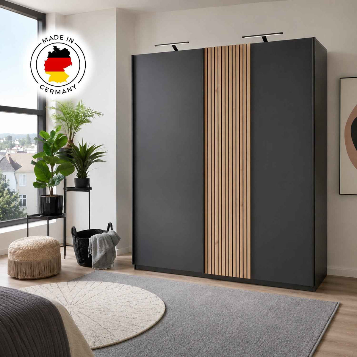 Lambourn Sliding Door Wardrobe in Graphite with Oak Slat Effect