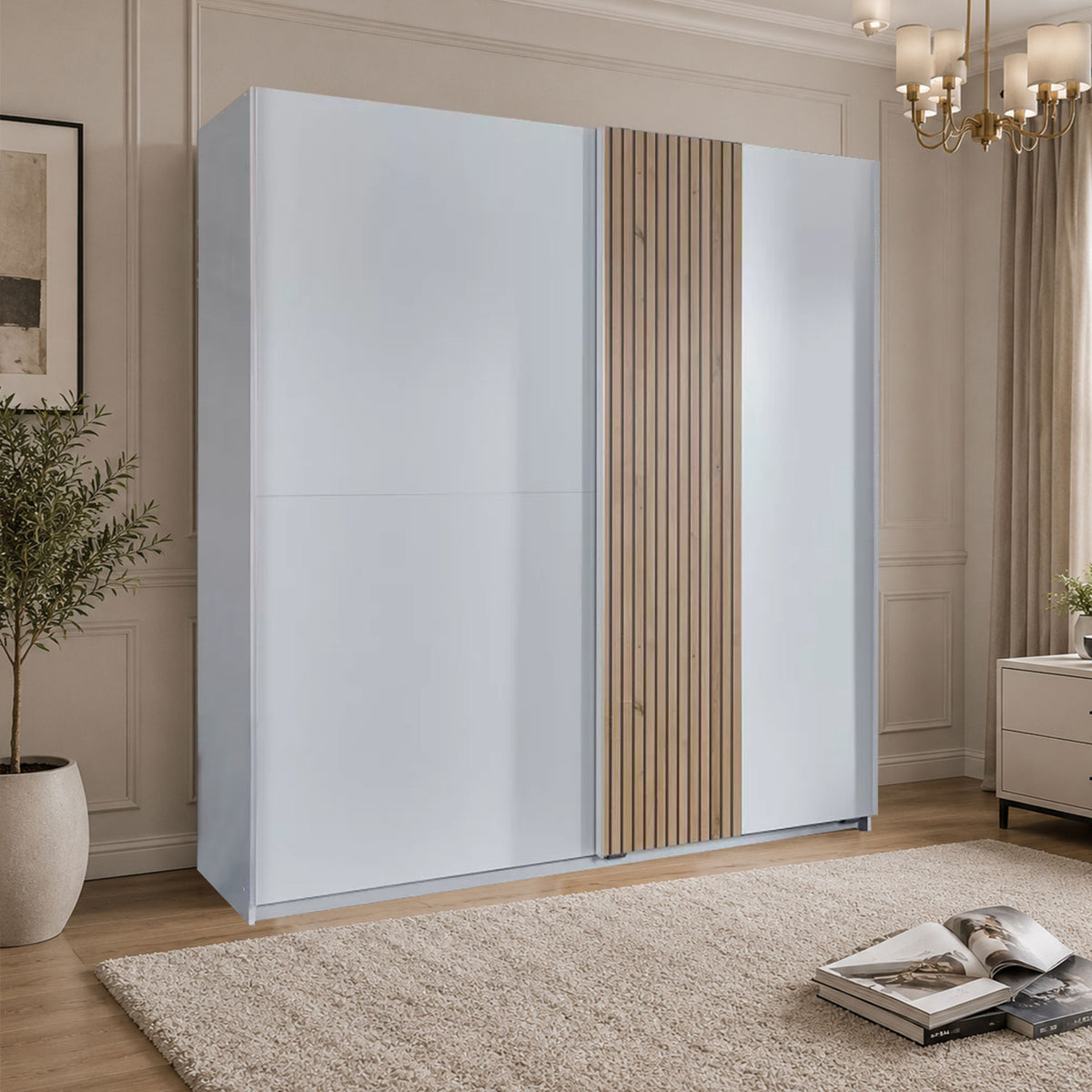 Norbury 2 Door Sliding Wardrobe in White with Oak Slat Effect
