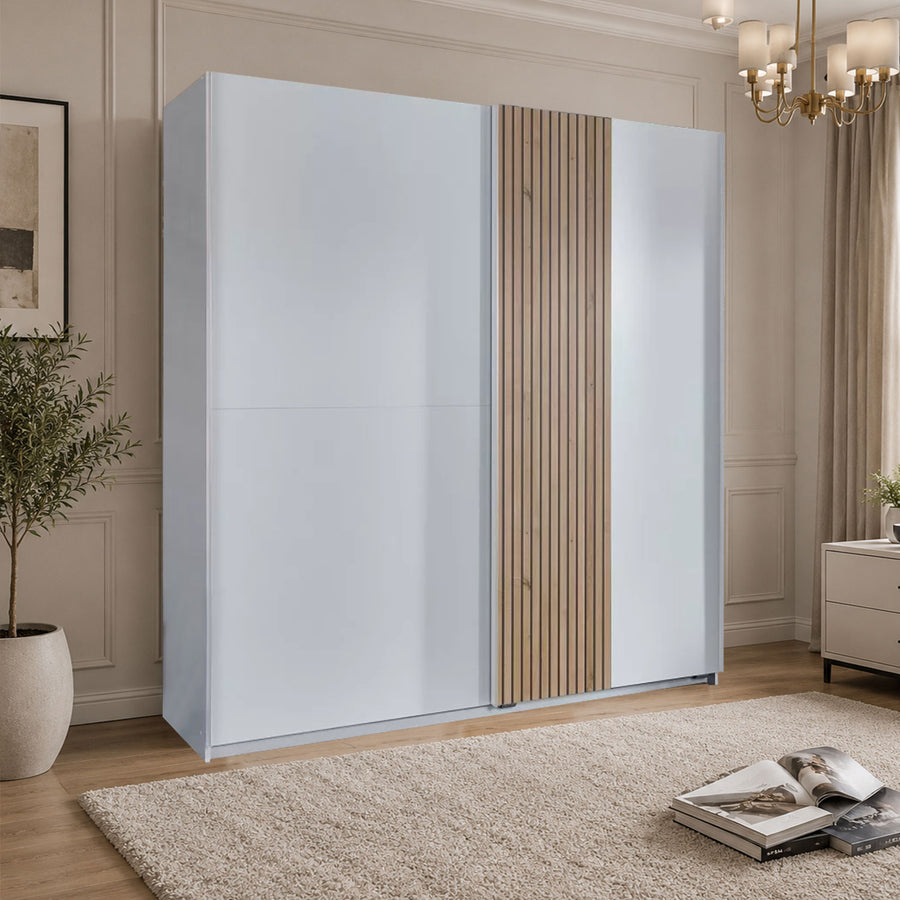Norbury 2 Door Sliding Wardrobe in White with Oak Slat Effect