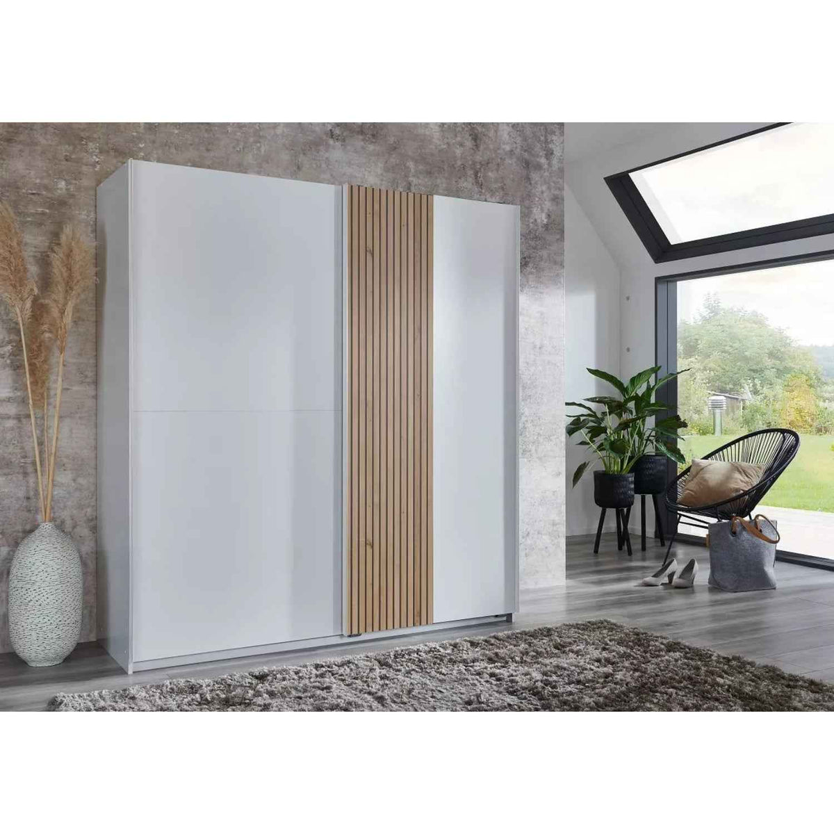 Norbury 2 Door Sliding Wardrobe in White with Oak Slat Effect