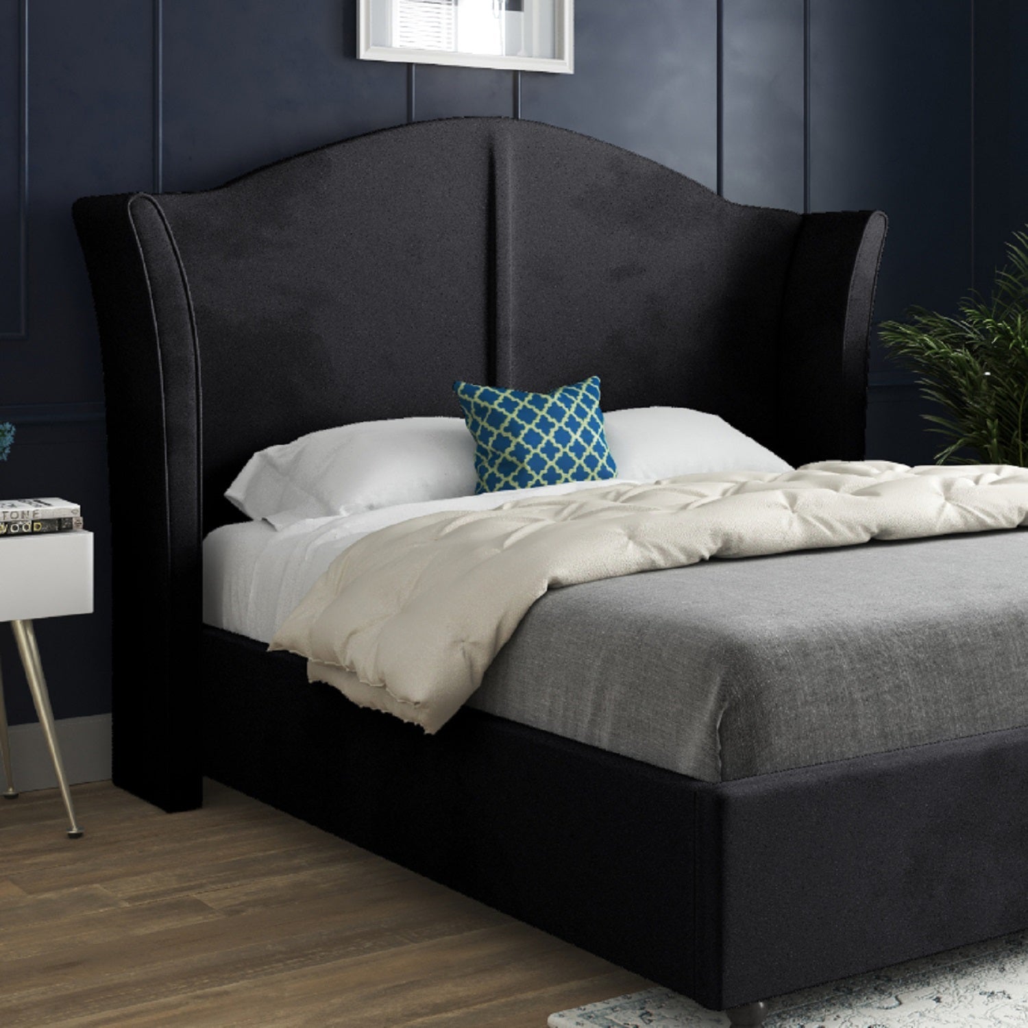 Zampa Curved Top Curved Winged Upholstered Soft Velvet Bed Frame