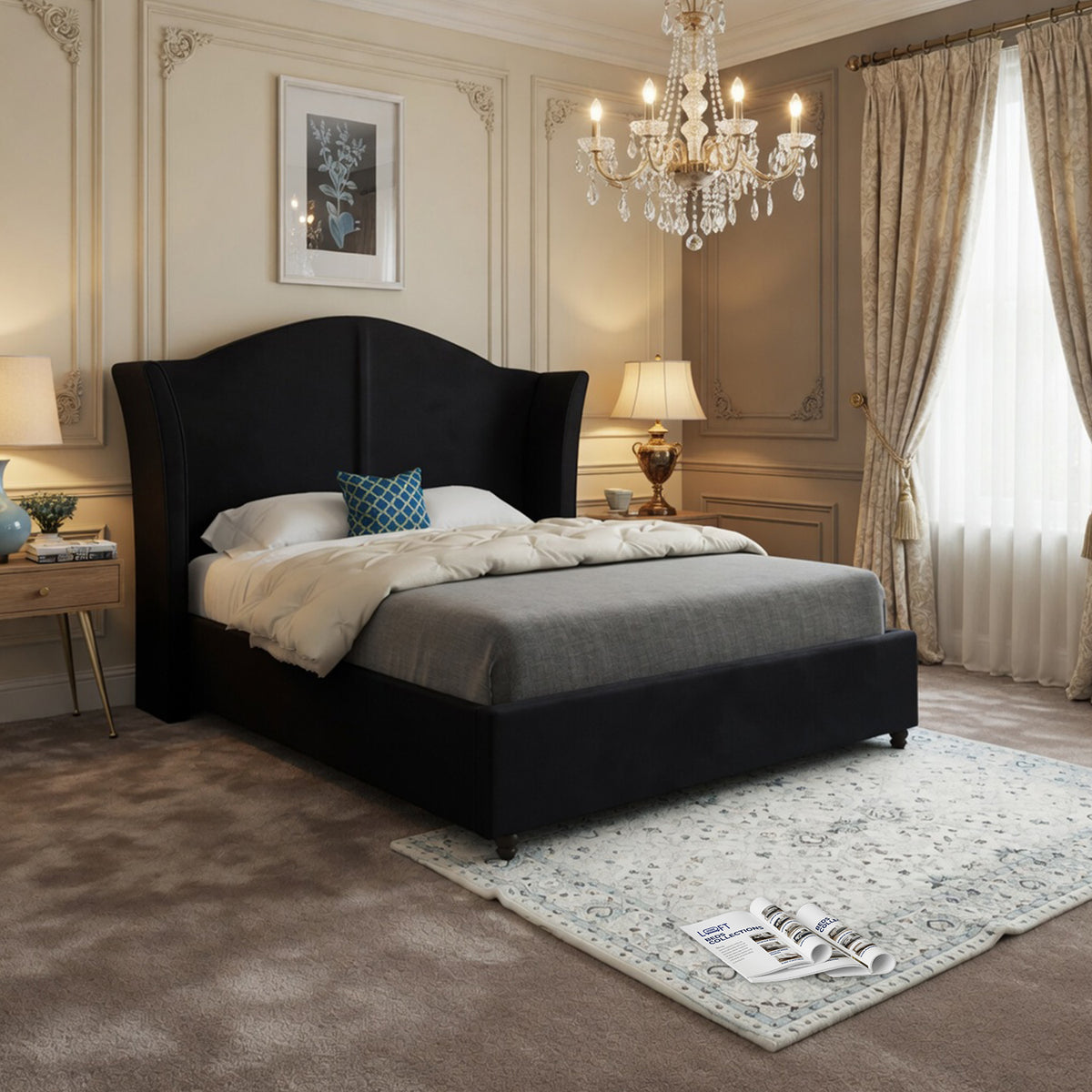 Winchester Curved Top Curved Winged Upholstered Soft Velvet Designer Bed Frame
