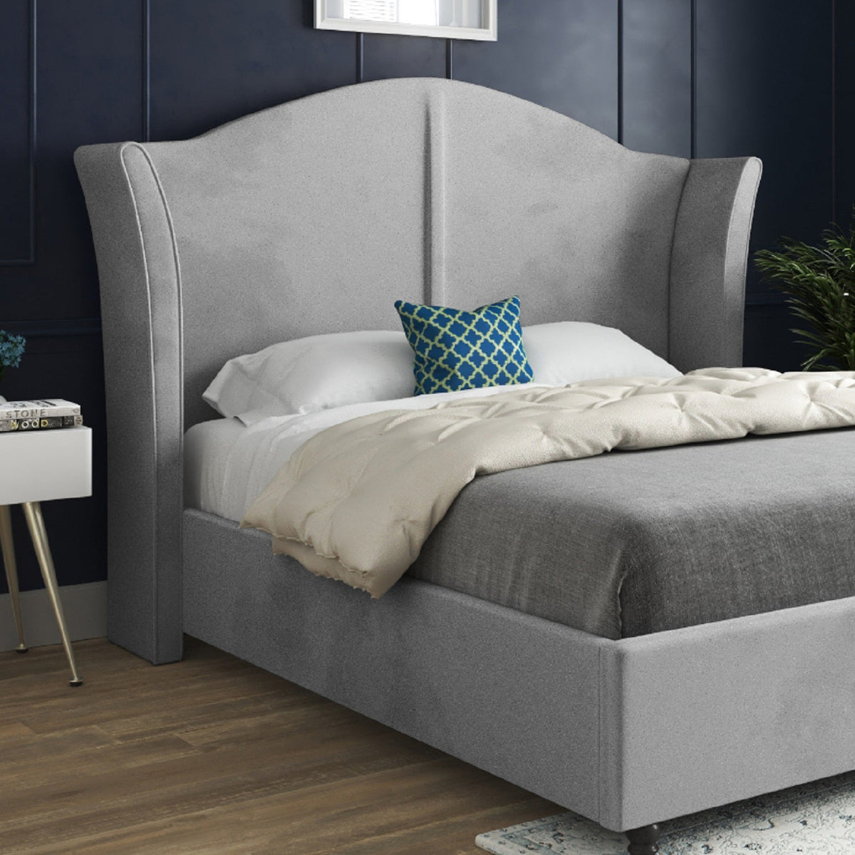 Zampa Curved Top Curved Winged Upholstered Soft Velvet Bed Frame