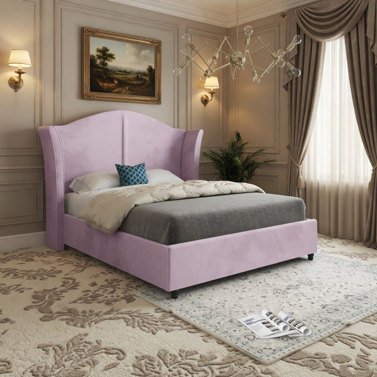 Winchester Curved Top Curved Winged Upholstered Soft Velvet Designer Bed Frame