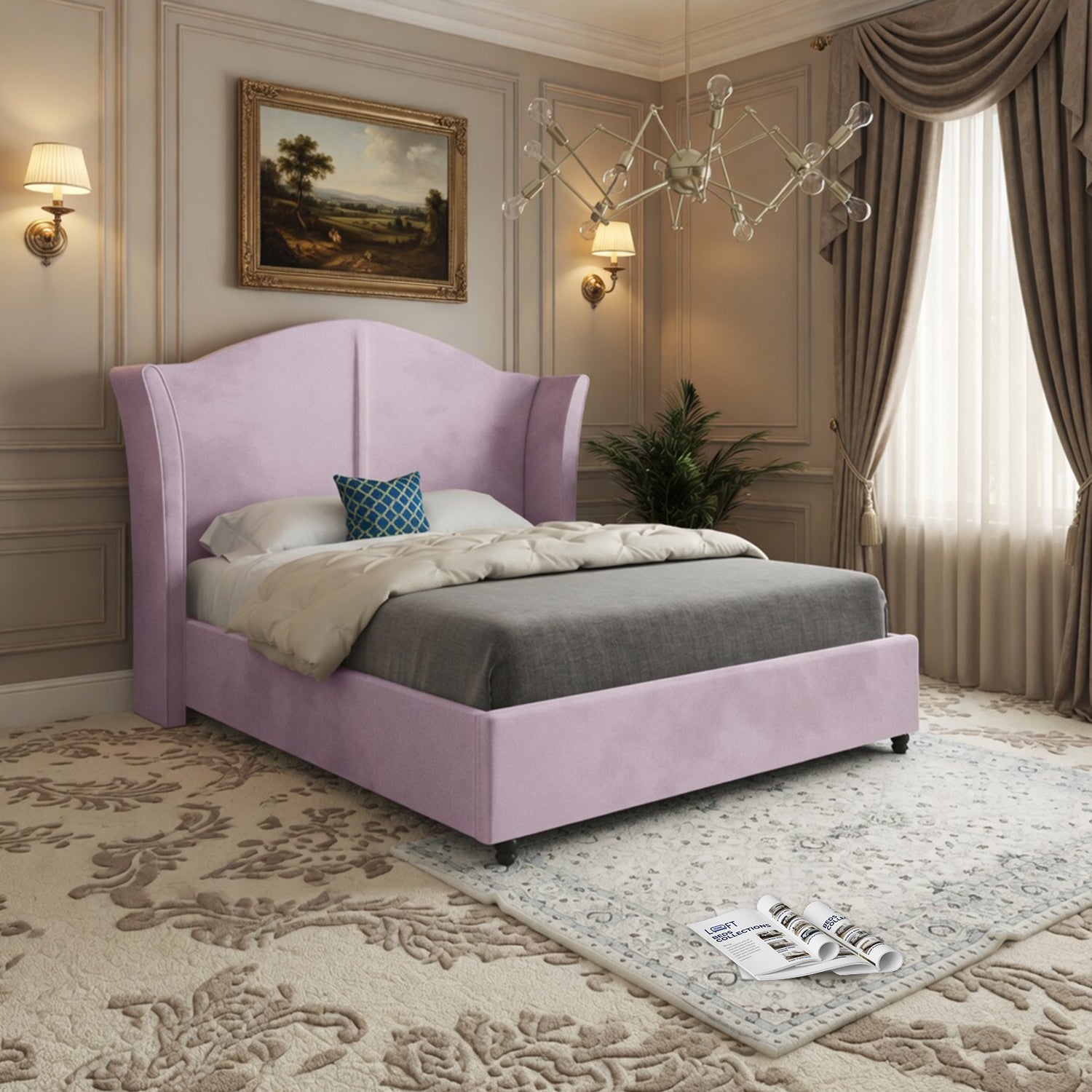 Winchester Curved Top Curved Winged Upholstered Soft Velvet Designer Bed Frame