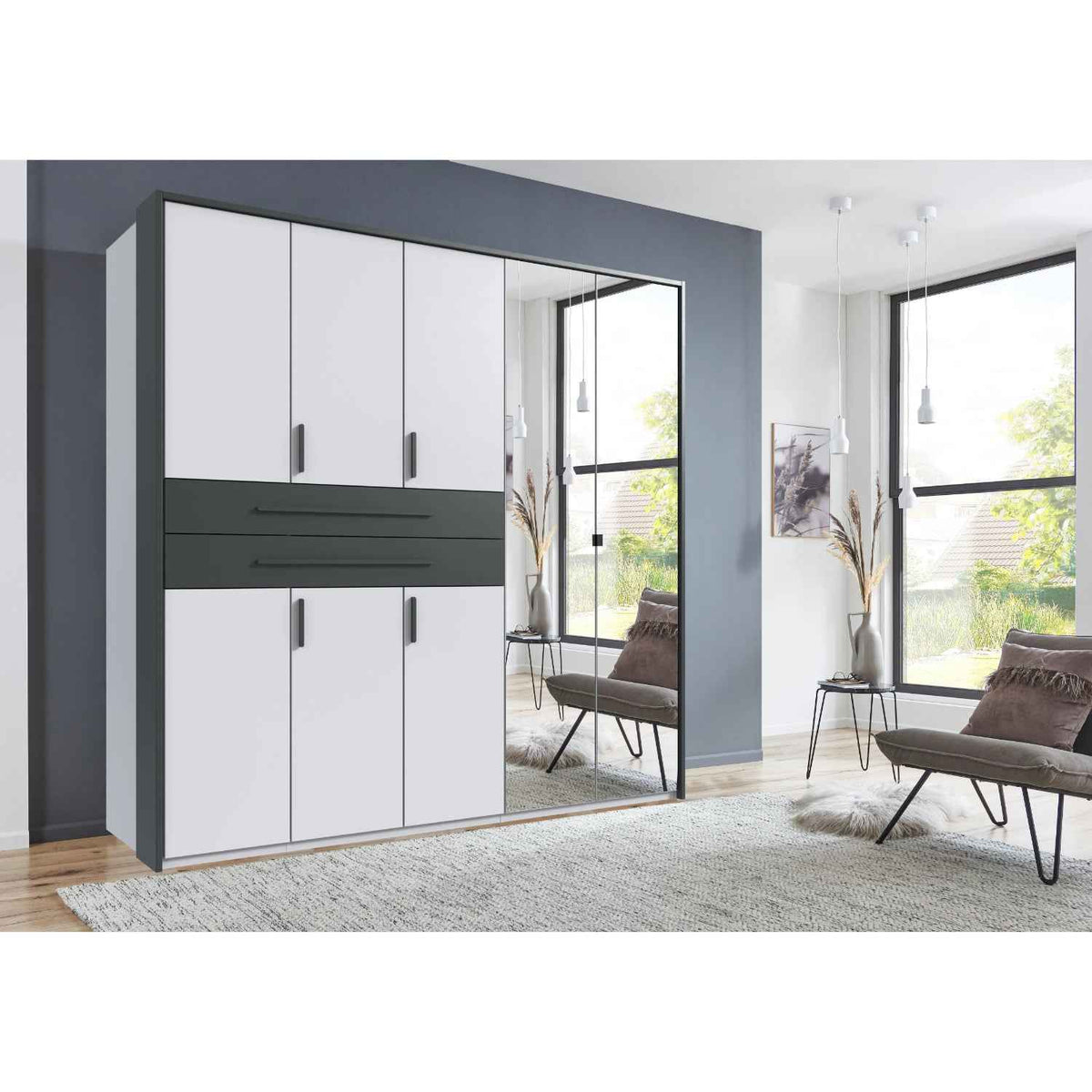 Dorset 5 Door Mirrored Wardrobe in White with Graphite Drawers and Black Handles