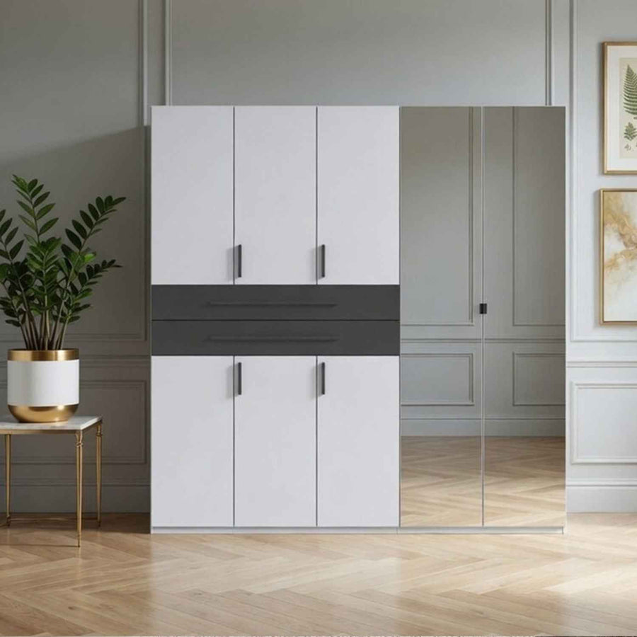 Dorset 5 Door Mirrored Wardrobe in White with Graphite Drawers and Black Handles