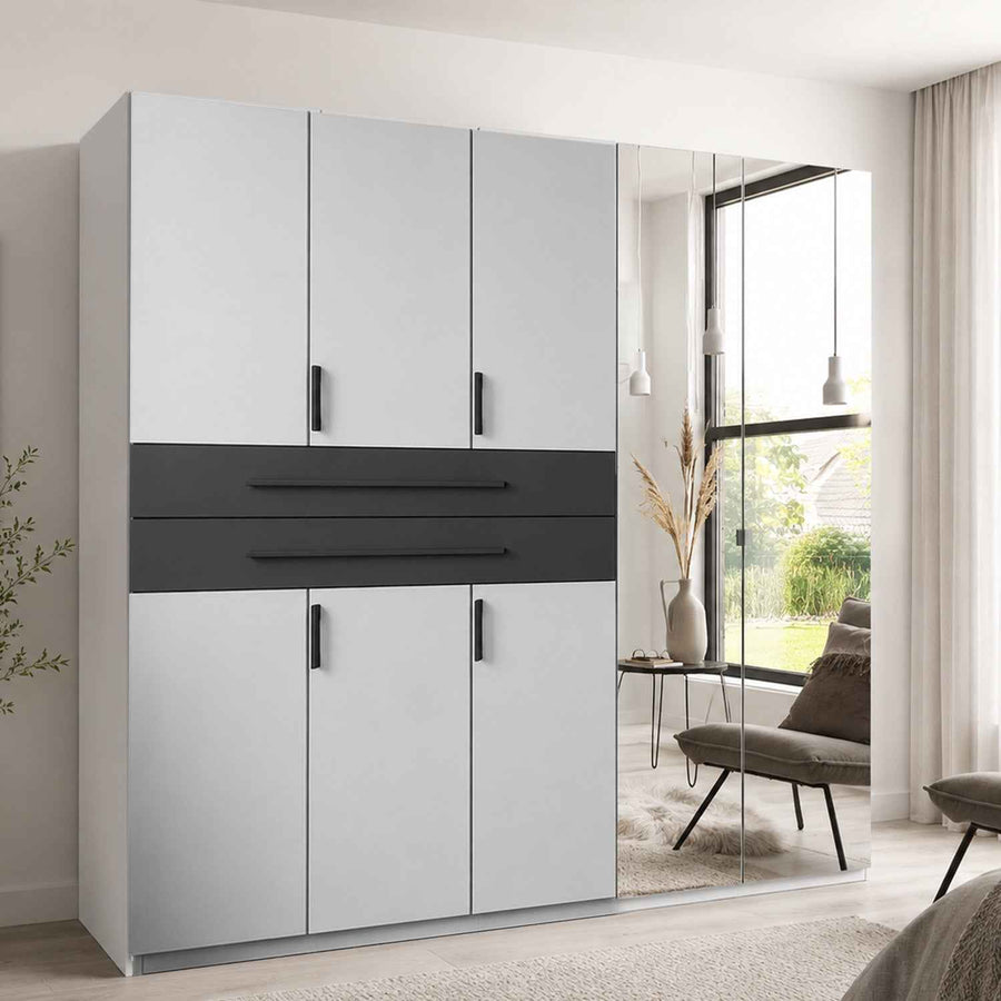 Dorset 5 Door Mirrored Wardrobe in White with Graphite Drawers and Black Handles