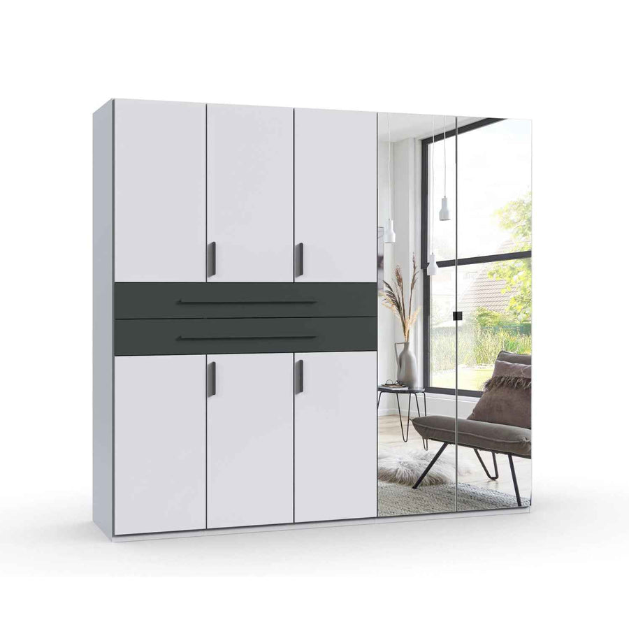 Dorset 5 Door Mirrored Wardrobe in White with Graphite Drawers and Black Handles