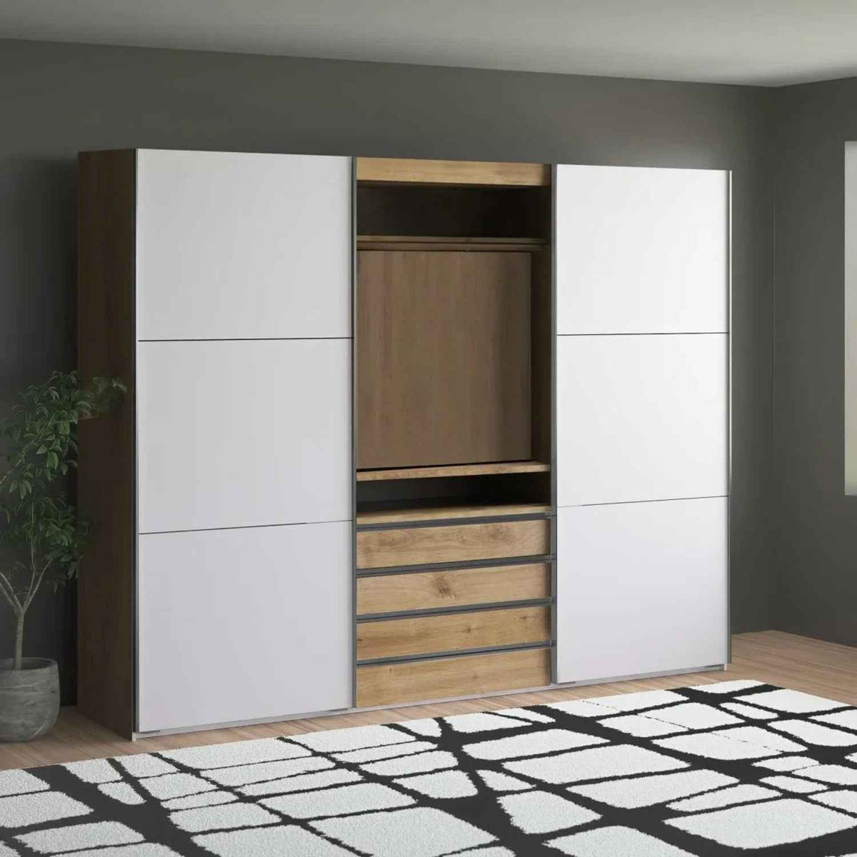Malvern 300cm Sliding Door Wardrobe in White and Oak
