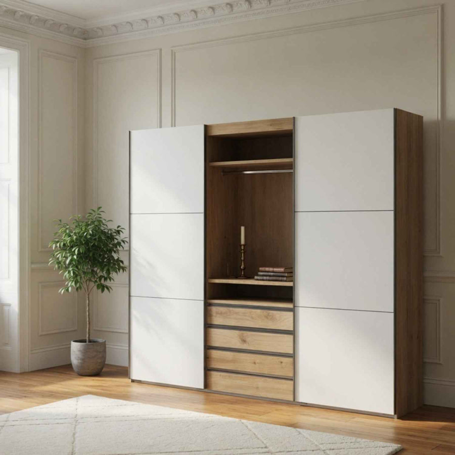 Malvern 300cm Sliding Door Wardrobe in White and Oak