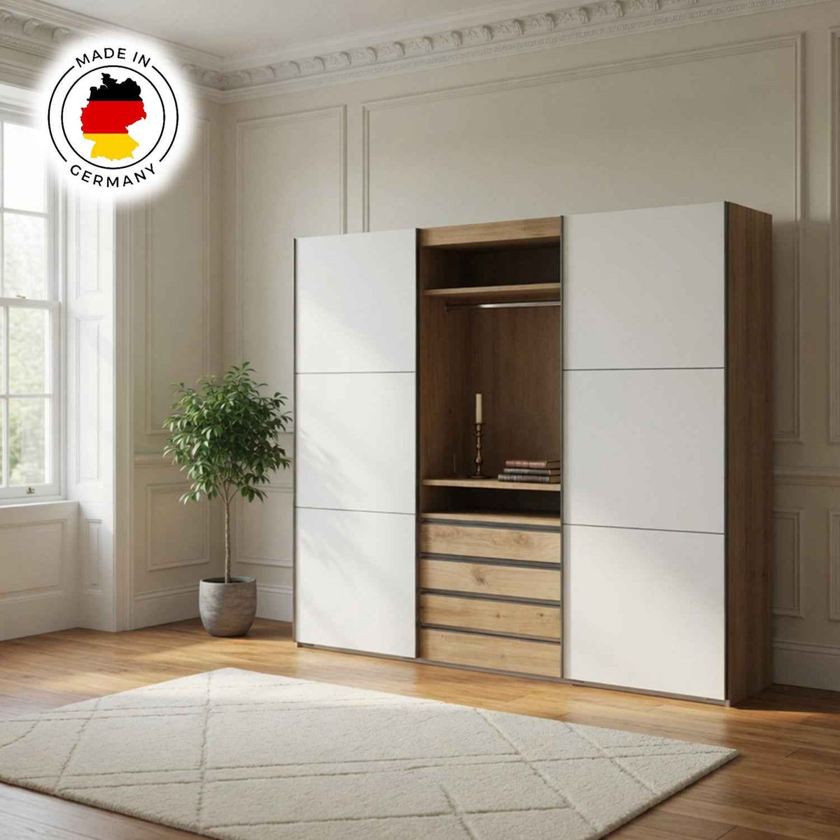 Malvern 300cm Sliding Door Wardrobe in White and Oak