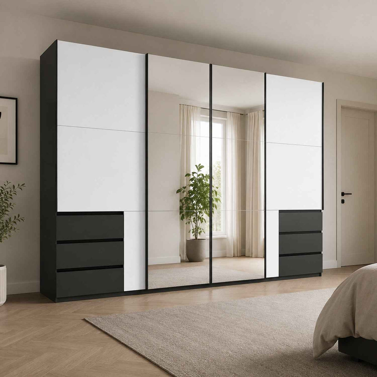 Langley Sliding Door Wardrobe 300cm in White and Graphite with Mirror