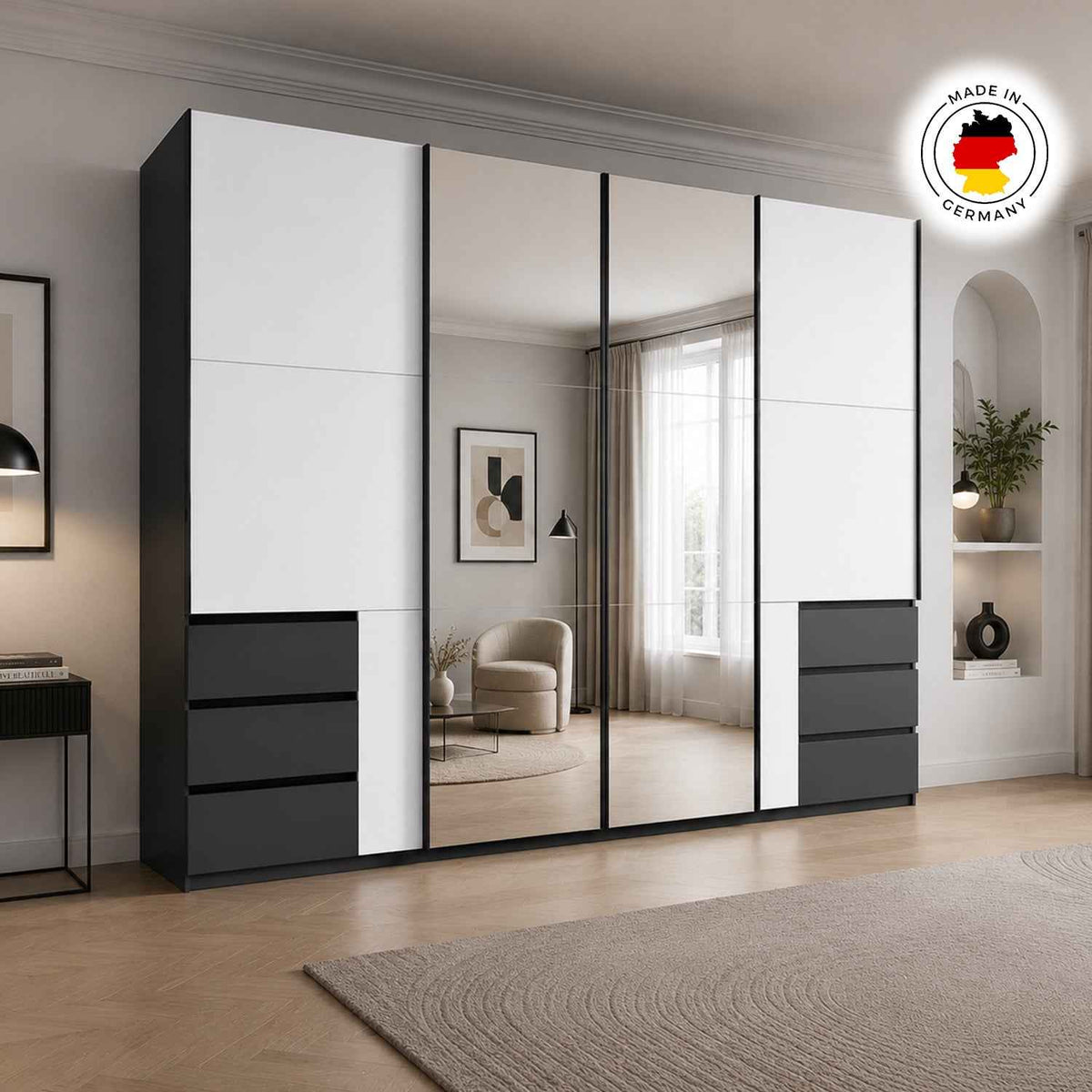 Langley Sliding Door Wardrobe 300cm in White and Graphite with Mirror
