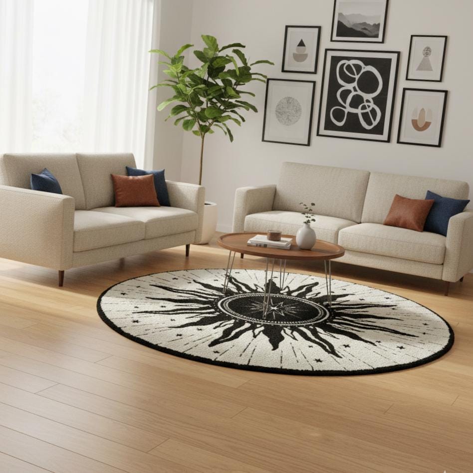 Beige Sun and Moon Round Rug – Hand Tufted Mid Century Wool Rug – image 3