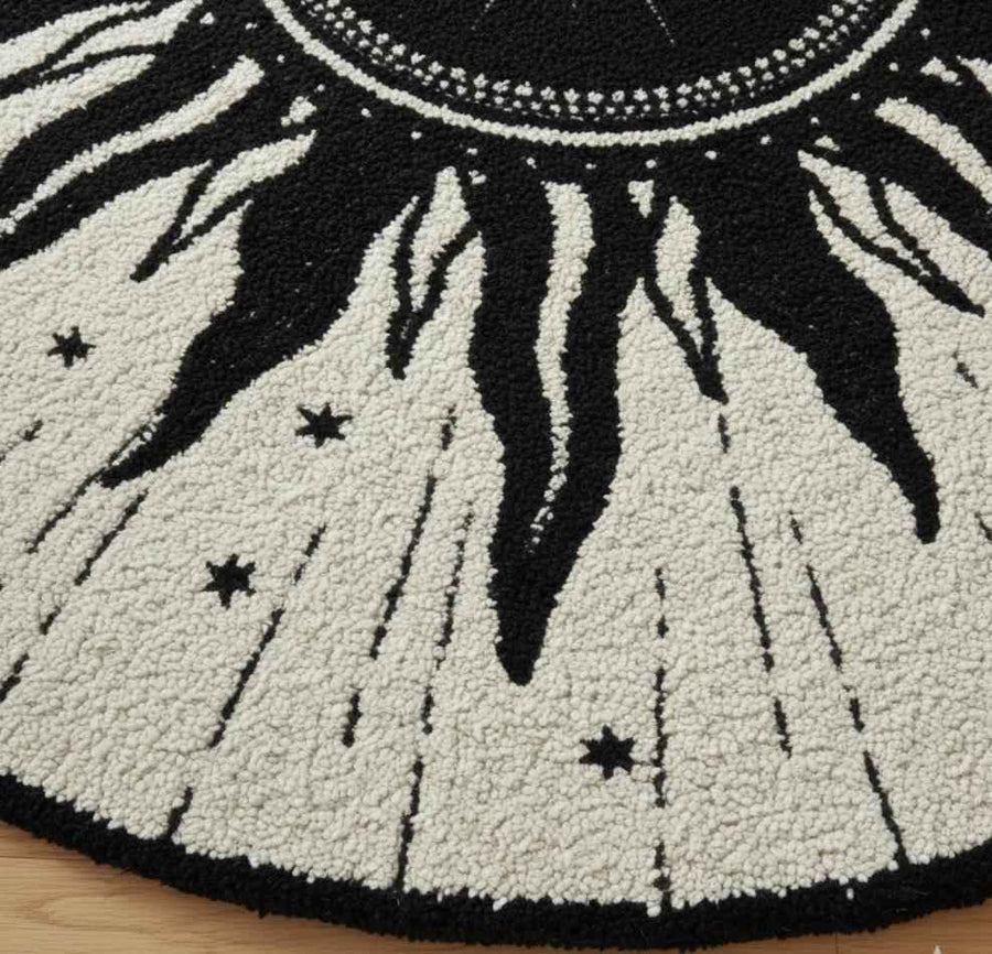 Beige Sun and Moon Round Rug – Hand Tufted Mid Century Wool Rug