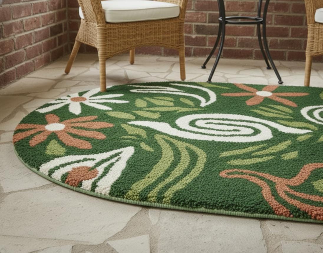 Green Botanical Round Rug – Hand Tufted Mid Century Wool Rug – image 3