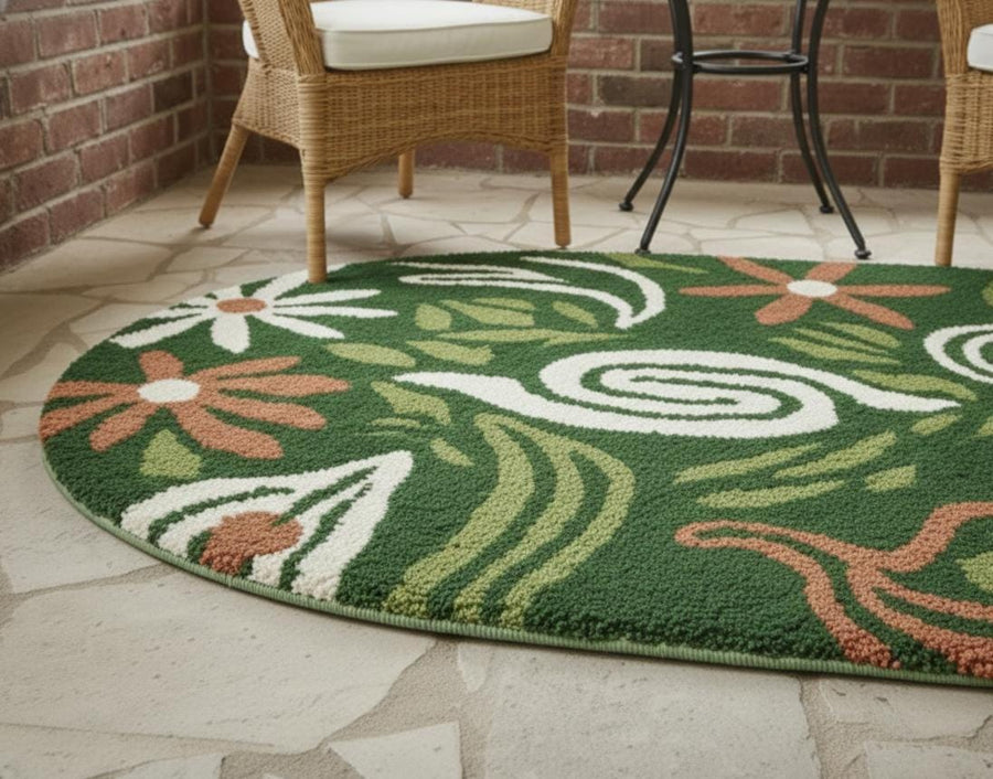 Green Botanical Round Rug – Hand Tufted Mid Century Wool Rug