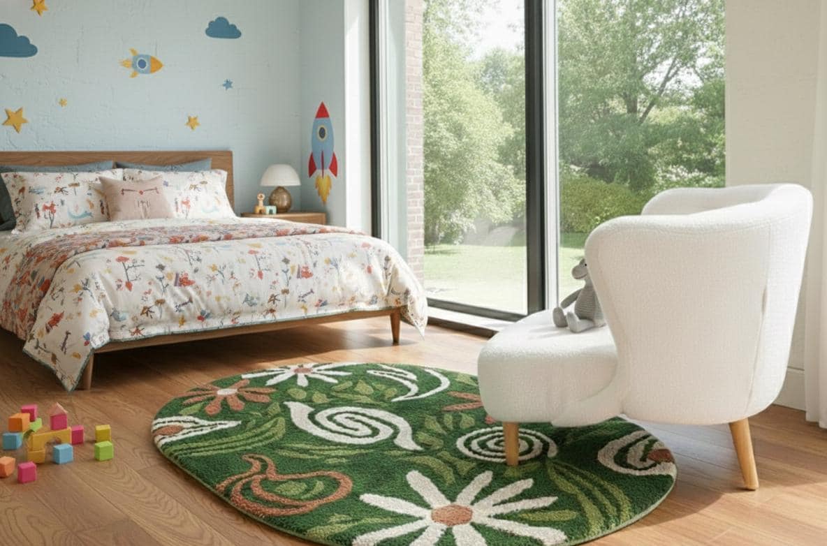 Green Botanical Round Rug – Hand Tufted Mid Century Wool Rug – image 6