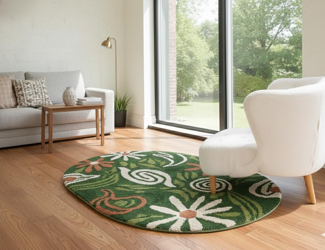 Green Botanical Round Rug – Hand Tufted Mid Century Wool Rug – image 8