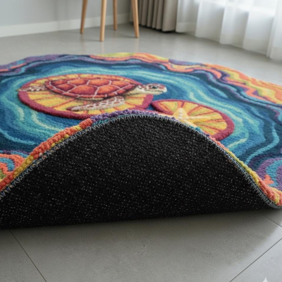 Blue Ocean Round Rug – Hand Tufted Coastal Beach Wool Rug – image 6