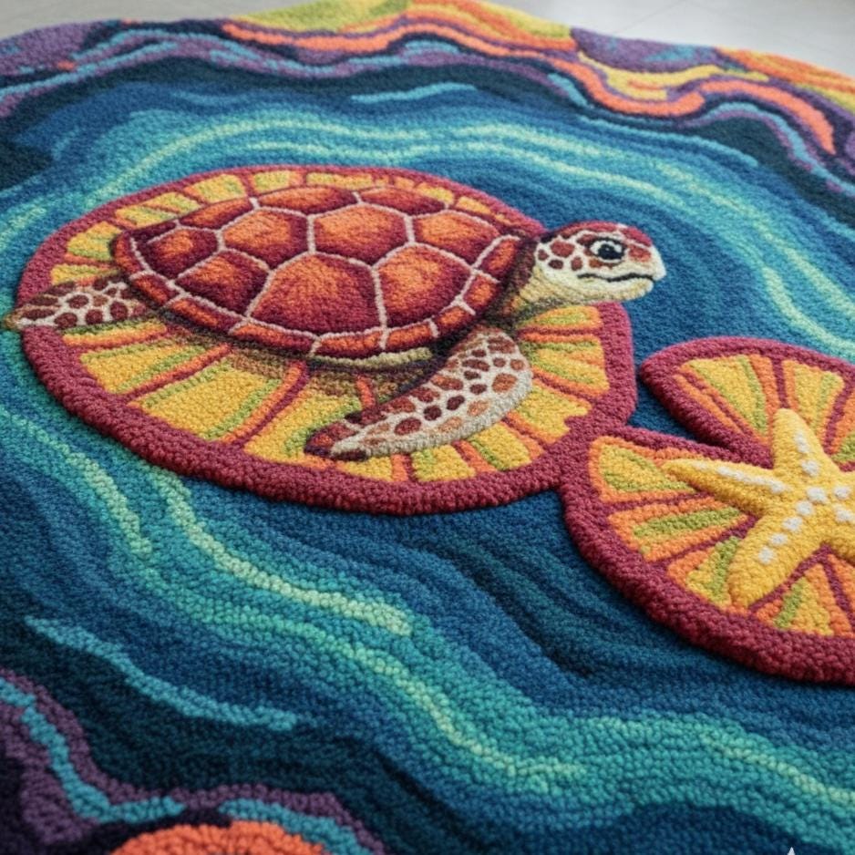Blue Ocean Round Rug – Hand Tufted Coastal Beach Wool Rug – image 7