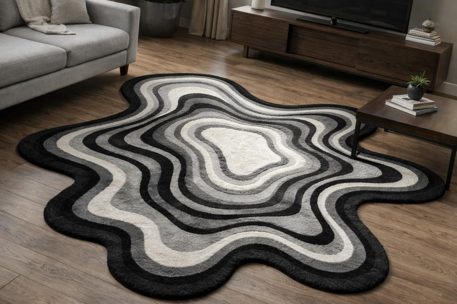 Black Abstract Wavy Wool Rug – Hand Tufted 3D Sculptural Rug – image 1
