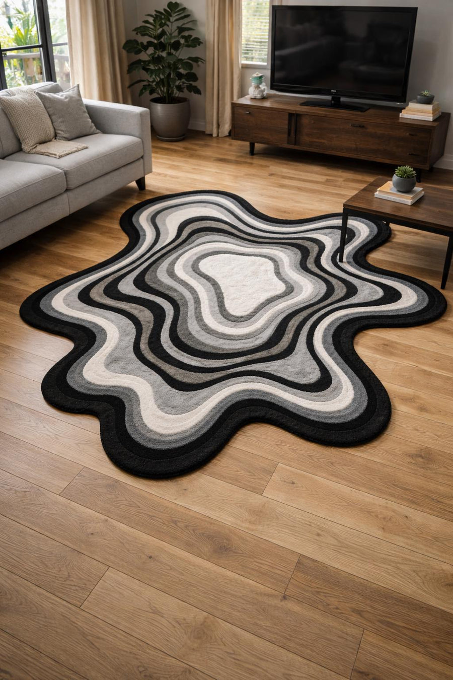 Black Abstract Wavy Wool Rug – Hand Tufted 3D Sculptural Rug