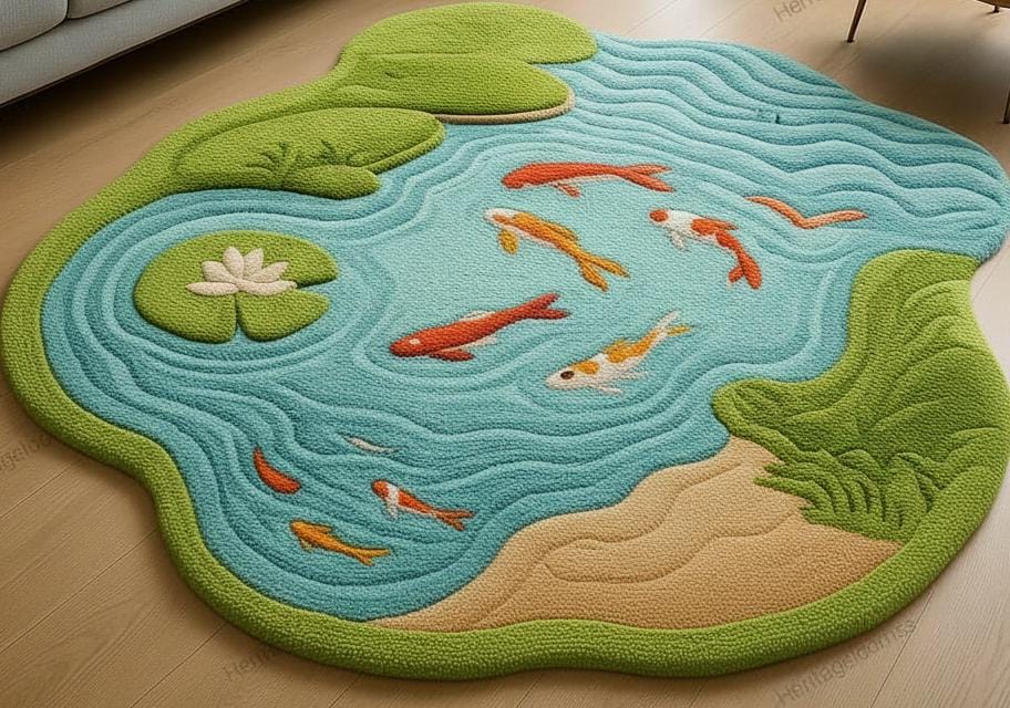 Koi Pond and Lily Pad Wool Rug – Hand Tufted Japanese Garden Rug – image 7