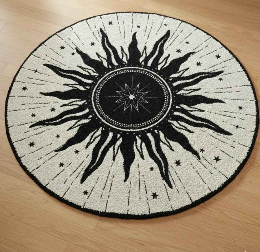 Beige Sun and Moon Round Rug – Hand Tufted Mid Century Wool Rug