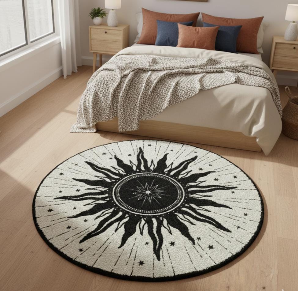 Beige Sun and Moon Round Rug – Hand Tufted Mid Century Wool Rug – image 1