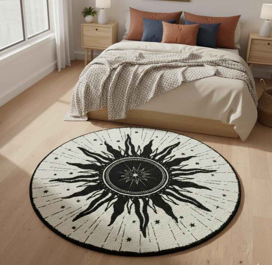 Beige Sun and Moon Round Rug – Hand Tufted Mid Century Wool Rug