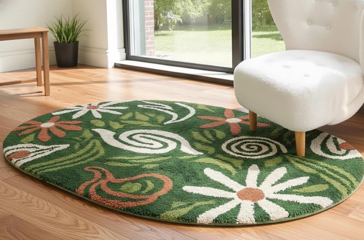 Green Botanical Round Rug – Hand Tufted Mid Century Wool Rug – image 1