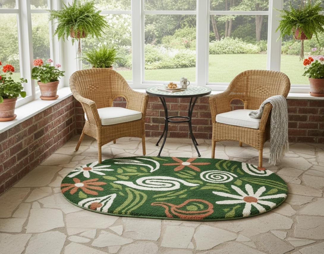 Green Botanical Round Rug – Hand Tufted Mid Century Wool Rug – image 4
