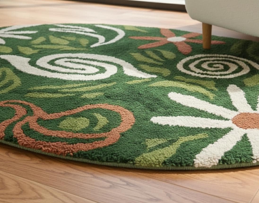 Green Botanical Round Rug – Hand Tufted Mid Century Wool Rug – image 5