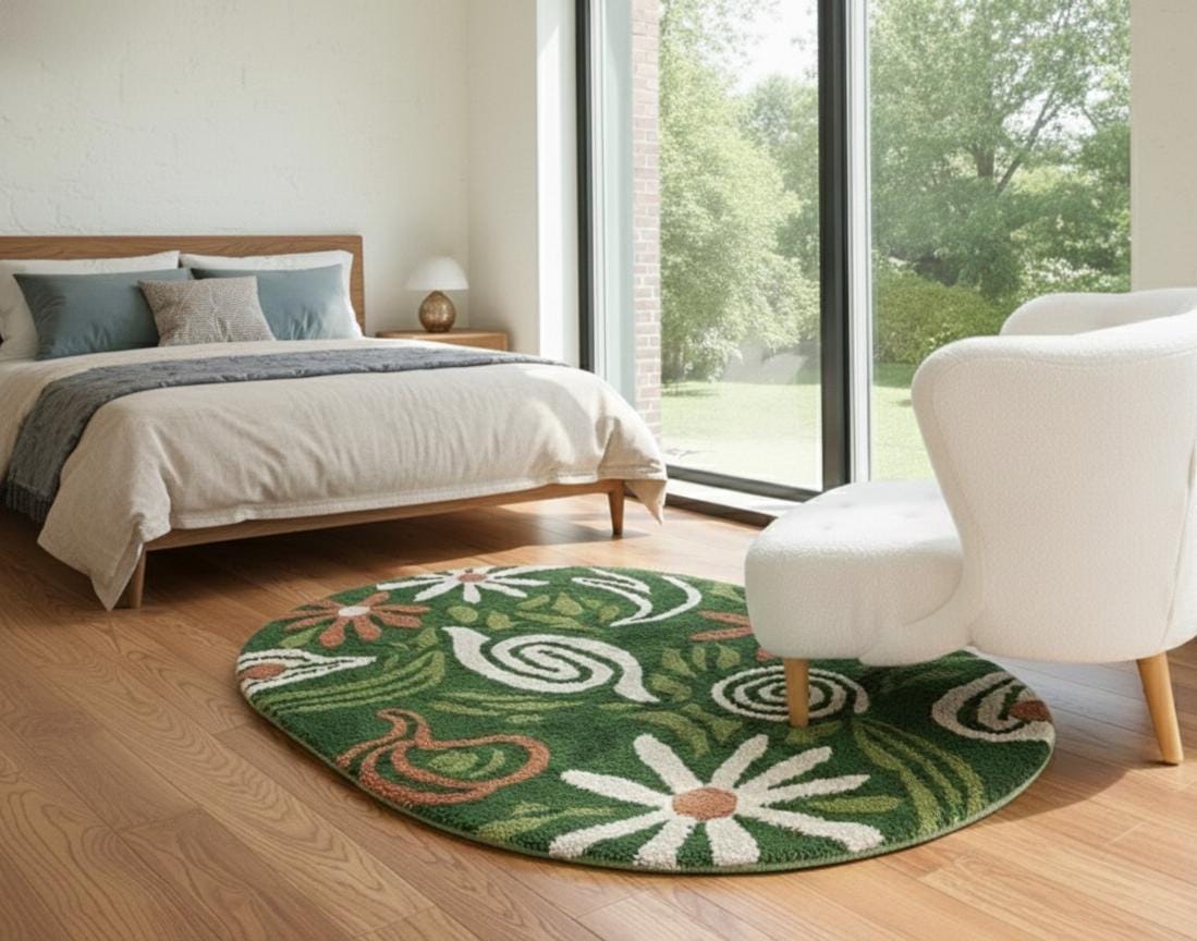 Green Botanical Round Rug – Hand Tufted Mid Century Wool Rug – image 7