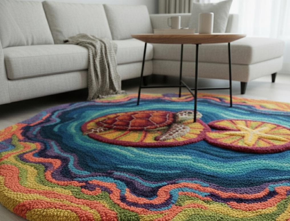 Blue Ocean Round Rug – Hand Tufted Coastal Beach Wool Rug – image 2