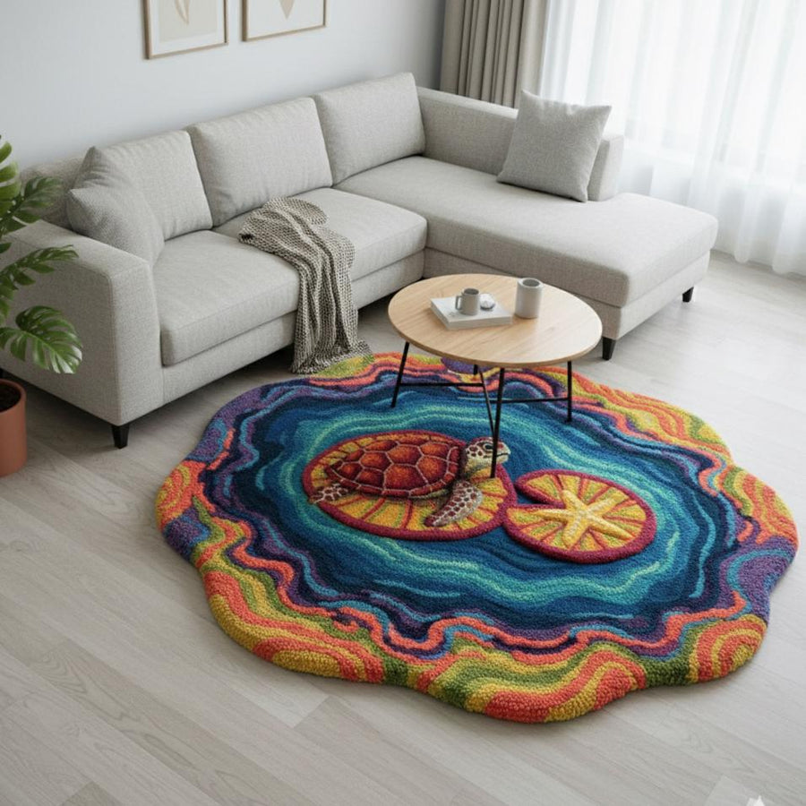 Blue Ocean Round Rug – Hand Tufted Coastal Beach Wool Rug – image 4
