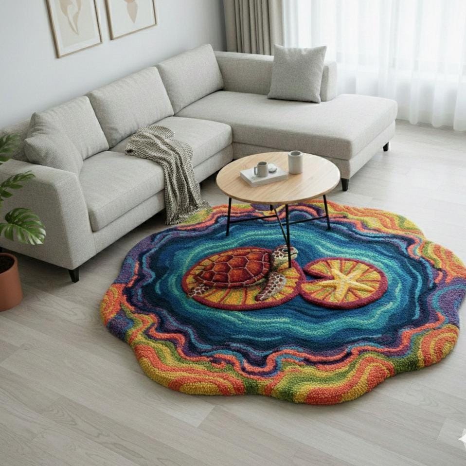 Blue Ocean Round Rug – Hand Tufted Coastal Beach Wool Rug – image 1