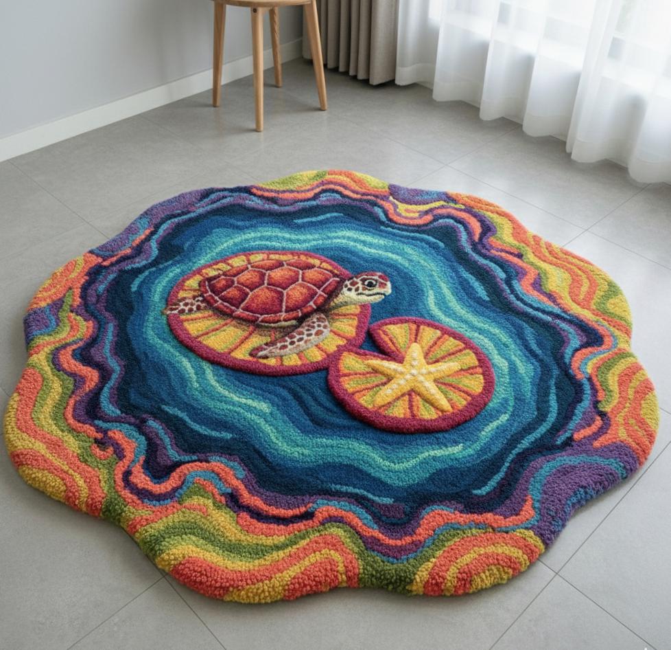 Blue Ocean Round Rug – Hand Tufted Coastal Beach Wool Rug – image 5