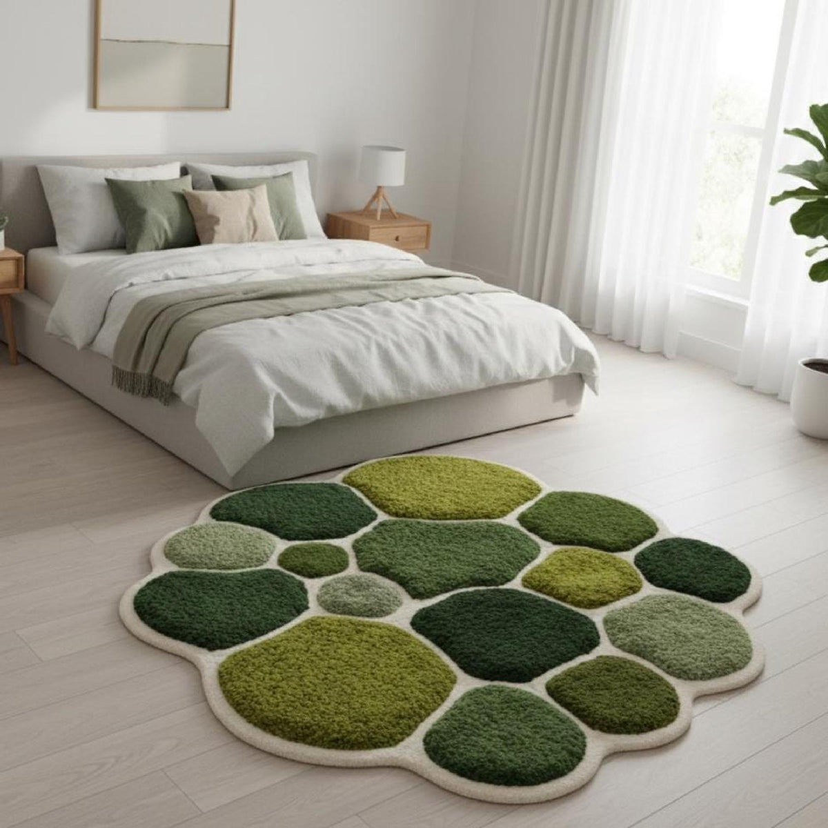Green Botanical Pebble Wool Rug – Hand Tufted Nature Inspired Rug – image 3