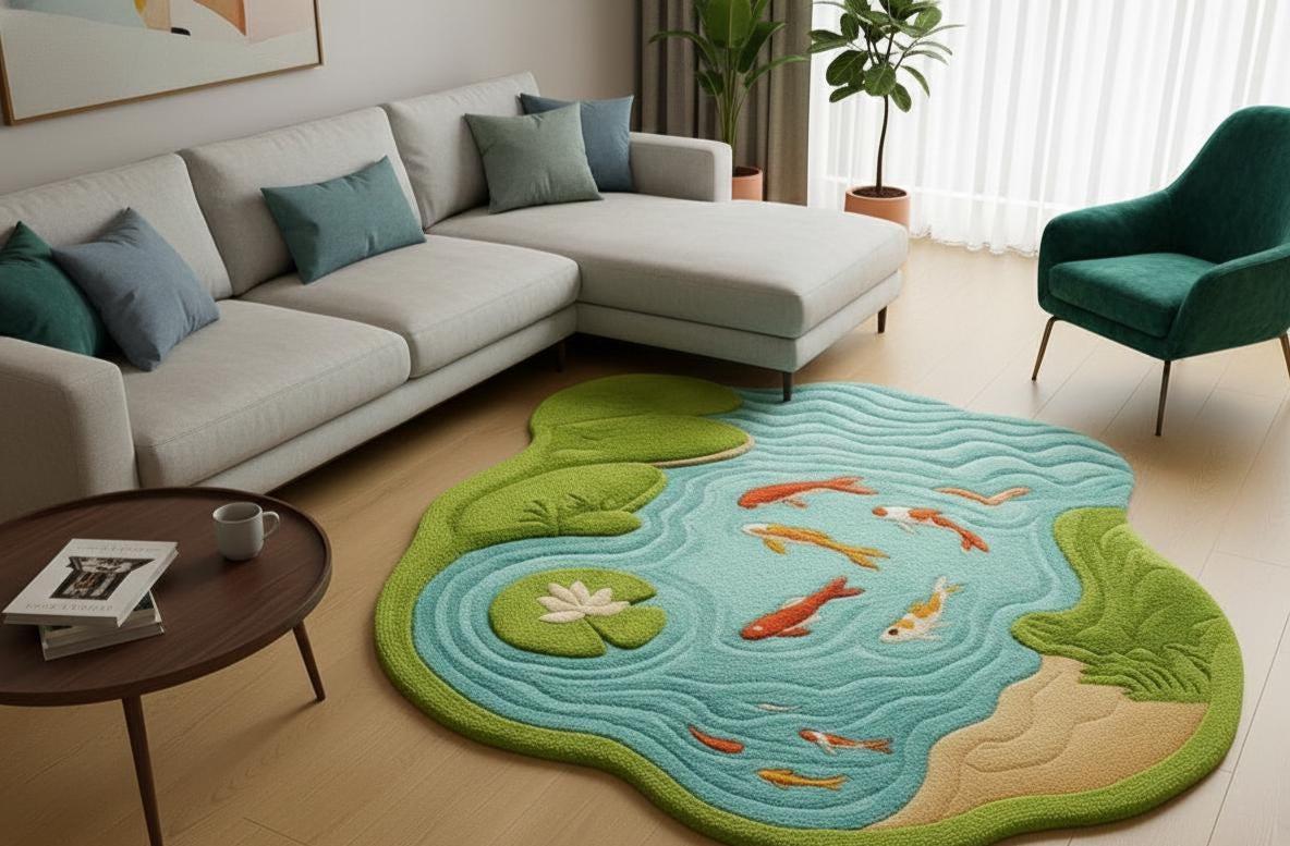 Koi Pond and Lily Pad Wool Rug – Hand Tufted Japanese Garden Rug – image 6